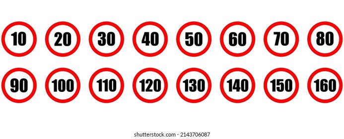 Speed limit icon. Set of red road signs of 10-160 kmh.  Circle standard road sign number kmh. eps 10