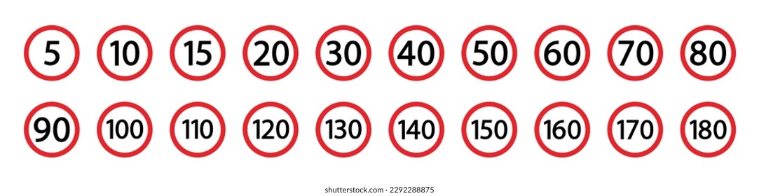 Speed limit  icon.  Set of red road signs of 5-180 kmh. Vector illustration