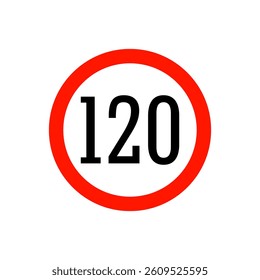 Speed limit road sign 120 from the prohibitory group. Circle with a red border, white background and a number inside. For use in design, in traffic safety applications, for infographics, for maps.