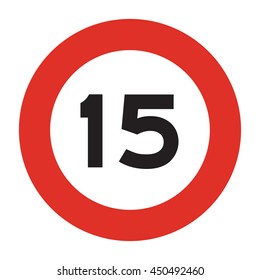 Speed limit road sign. Speed limit is 15 km/h sign. Isolated illustration of circle speed limit traffic sign with red border.