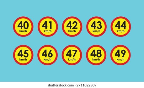 Límite de velocidad señal de tráfico 40, 41, 42, 43, 44, 45, 46, 47, 48, 49, km h conjunto de iconos ilustración de diseño de Vector