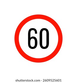 Speed limit road sign 60 from the prohibitory group. Circle with a red border, white background and a number inside. For use in design, in traffic safety applications, for infographics, for maps.