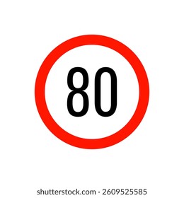 Speed limit road sign 80 from the prohibitory group. Circle with a red border, white background and a number inside. For use in design, in traffic safety applications, for infographics, for maps.