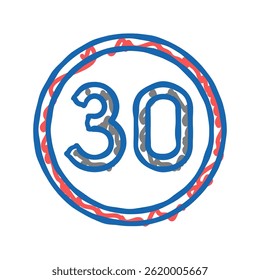 Límite de velocidad Señal de tráfico Doodle Icono Croquis Vector. Límite de velocidad Señal de tráfico. Ilustración de símbolo aislado