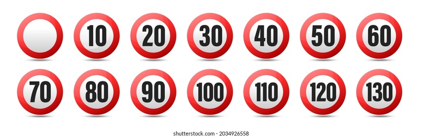 Speed limit road sign icon set. Vector on isolated transparent background. EPS 10
