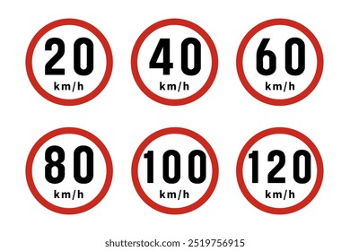 Conjunto de señales de tráfico de límite de velocidad. Señales circulares de límite de velocidad, cada una bordeada en rojo con números negros que indican diferentes límites de velocidad en kilómetros por hora. Ilustración vectorial