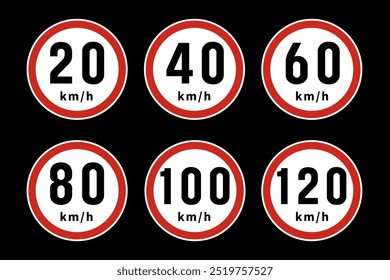 Conjunto de señales de tráfico de límite de velocidad. Señales circulares de límite de velocidad, cada una bordeada en rojo con números negros que indican diferentes límites de velocidad en kilómetros por hora. Aislado sobre fondo negro