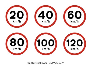 Conjunto de señales de tráfico de límite de velocidad. Señales circulares de límite de velocidad, cada una bordeada en rojo con números negros que indican diferentes límites de velocidad en kilómetros por hora. Los límites de velocidad mostrados son 20, 40, 60, 80, 100, 120