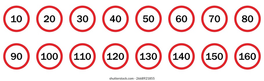 Conjunto de Vectores de señal de tráfico de límite de velocidad: iconos de tráfico de círculo rojo para seguridad y comunicación comercial	