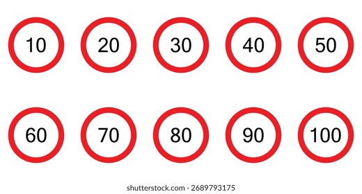 Conjunto de Vectores de señales de tráfico de límite de velocidad: señales de tráfico de círculo rojo y blanco con números para la seguridad vial y la regulación del transporte