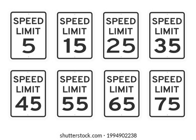 Speed limit road traffic icon signs set flat style design vector illustration isolated on white background. Vertical standard road sign with text and numbers collection.