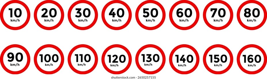 Sinal de limite de velocidade 10, 20, 30, 40, 50, 60, 70, 80, 90, 100, 110, 120, 130, 140, 150, 160 km h ícone. Sinalização rodoviária com avisos de limite de velocidade, com indicação da amplitude dos limites de velocidade. Sinalização rodoviária circular. sinalização rodoviária