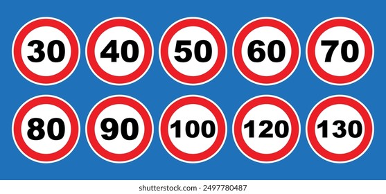 Speed limit sign board set vector illustration.