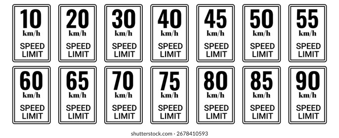 Modelo de placa de sinalização de limite de velocidade define símbolo de sinal em quilômetros por hora. Coleção de ícones de limite de velocidade da estrada isolados em um fundo branco.