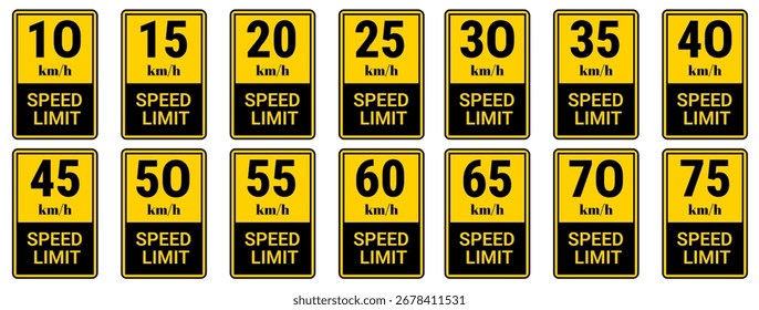 Speed limit sign board template set sign symbol in kilometers per hour. Highway speed limit icon collection isolated on a white background.

