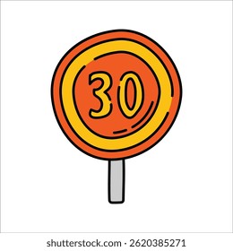 Sinal de limite de velocidade Estilo desenhado à mão, sinal laranja redondo 30, representa a restrição de velocidade da estrada adequada para regras de tráfego e gráficos de segurança do veículo