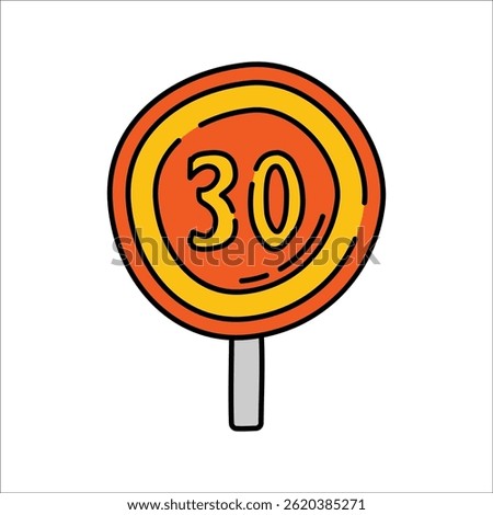 Speed Limit Sign Handdrawn style, round orange 30 sign, represents road speed restriction suitable for traffic rules and vehicle safety graphics