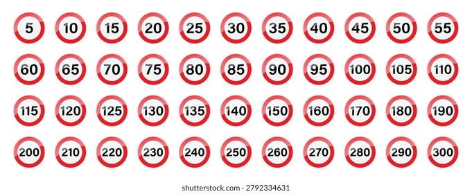 Speed limit sign set 5 to 300 kmph, Road traffic speed signs collection, Red circular number symbols for driving rules and highway safety vector illustration.