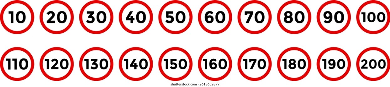 Conjunto de signos de límite de velocidad. símbolo de límite de velocidad de conducción. Señal de tráfico. señales de tráfico en metálico

