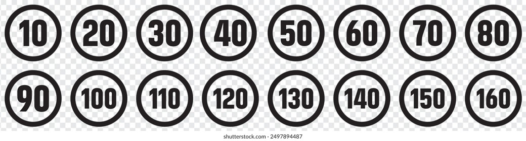 Speed Limit Sign Set. Set of generic speed limit signs with black number and red circle.