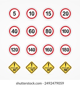 Speed Limit Sign Set isolated illustration of circle speed limit signs with red border