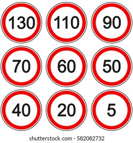 Speed limit sign set isolated illustration circle speedlimit signs on red bordes