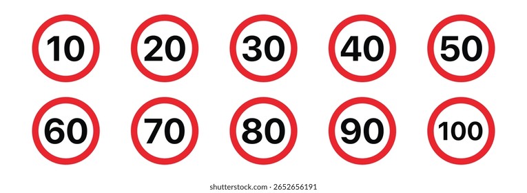 Speed limit sign set on white background. Circle speed limit road sign set. Road sign with the speed limit.