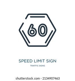 icono de la línea delgada del límite de velocidad. límite, iconos lineales de flecha del concepto de señales de tráfico de signo de contorno aislado. Elemento de símbolo de ilustración vectorial para diseño web y aplicaciones.