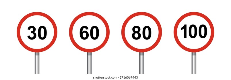 Vektorgrafik mit Geschwindigkeitsbegrenzungszeichen. Sammlung von Geschwindigkeitsbegrenzungszeichen, Max. Geschwindigkeitsbegrenzung 80 km/h, Verkehrszeichen mit Ziffern an den Polen, Verkehrszeichen einzeln, Höchstgeschwindigkeit 80 km/h.