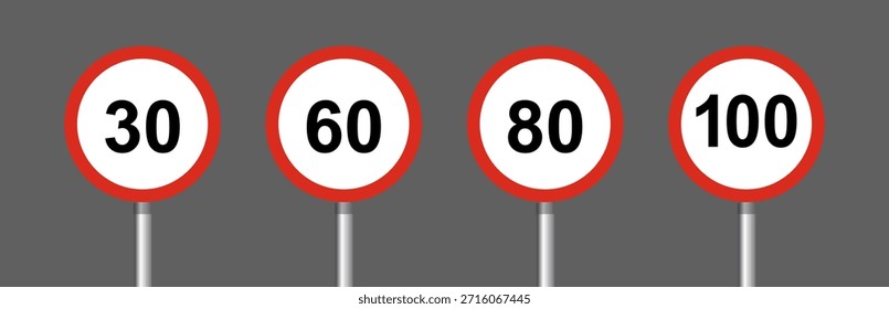 Vektorgrafik mit Geschwindigkeitsbegrenzungszeichen. Sammlung von Geschwindigkeitsbegrenzungszeichen, Max. Geschwindigkeitsbegrenzung 80 km/h, Verkehrszeichen mit Ziffern an den Polen, Verkehrszeichen einzeln, Höchstgeschwindigkeit 80 km/h.