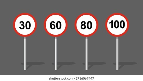 Speed limit sign vector illustration. Set of speed limit sign collection, Max Speed Limit 80 Km h, Road traffic signs with numbers on poles, Traffic Signs isolated, Maximum Speed Limit 80 Km h.