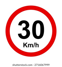 Speed limit sign vector illustration. Set of speed limit sign collection, Max Speed Limit 30 Km h, Road traffic signs with numbers on poles, Traffic Signs isolated, Maximum Speed Limit 30 Km h.