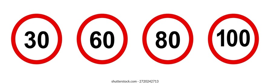 Ilustración vectorial de signo de límite de velocidad. Conjunto de colección de señal de límite de velocidad, Límite de velocidad máxima 80 km h, Señales de tráfico con números en postes, Señales de tráfico aisladas, Límite de velocidad máxima 80 km h.