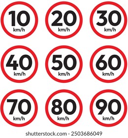 Speed Limit Signs. 10, 20, 30, 40, 50, 60, 70, 80 and 90 Killometers per Hour. KM H Traffic Vector on White Background.