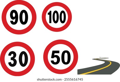 Speed limit signs indicating 30, 50, 90, and 100 kmh and winding road are promoting safe driving practices