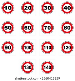 Speed limit signs indicating different maximum speed limits for road safety.