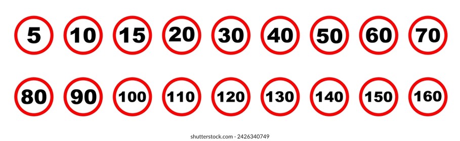 Speed limit signs. Maximum speed roadway signboard. Set of generic speed limit signs. Vector illustration