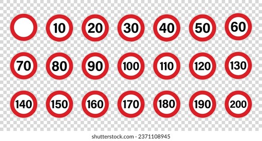 Speed limit signs set. Road signs collection. Traffic control sign. Vector illustration.