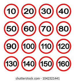 Señales De Límite De Velocidad Establecidas,Ilustración Vectorial, Aislar En Icono De Fondo Blanco. EPS10