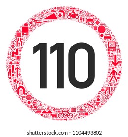Speed limit traffic sign 110 km/h, traffic signs collage forming red circle