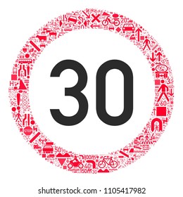 Speed limit traffic sign 30 km/h, traffic signs collage forming red circle