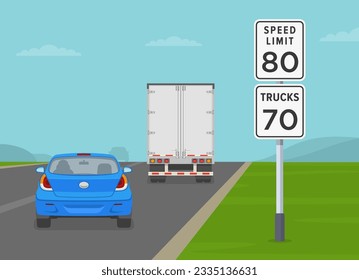 Speed limit for trucks and other vehicles sign on country road. Back view of a truck and sedan car on highway. Flat vector illustration template.