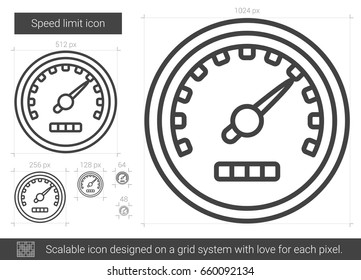 Icono de línea vectorial de límite de velocidad aislado en fondo blanco. Icono de línea límite de velocidad para infografía, sitio web o aplicación. Icono escalable diseñado en un sistema de cuadrícula.