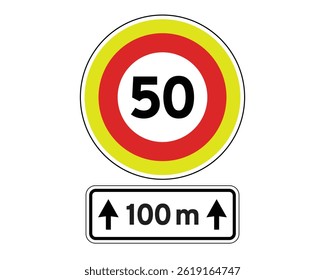 Speed Limit Warning with Distance Indicator, Traffic Regulation Notice – High Quality Stock Image