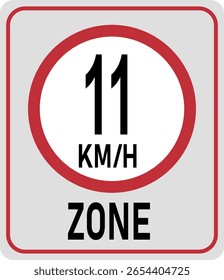 Sinal de aviso de limite de velocidade com uma zona de 11 km h, concebido para a regulação de peões ou de veículos.