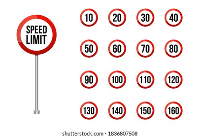 Juego de señales de la carretera de limitación de velocidad.Señales de límite de velocidad de la carretera redondeadas aisladas en blanco. Juego de señas de la ruta roja realista