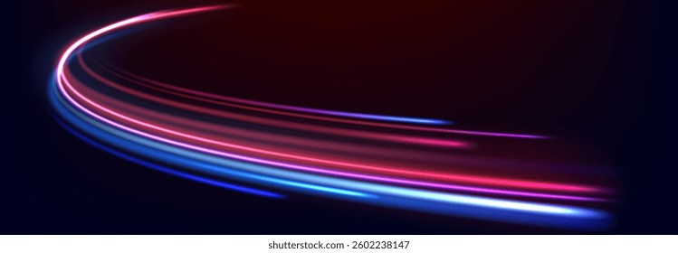 Speed line background. Glowing color speed lines, curves car trail with motion blurred light effect. Neon colored race on night road, speedway. Blue and red wavy paths. Vector concept.