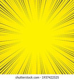 Speed Line background. Illustration of a flash or glare. Concentration in the center of the composition. Vector illustration. Comic book black and yellow radial lines background. Halftone background.