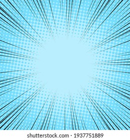 Speed Line background. Illustration of a flash or glare. Concentration in the center of the composition. Vector illustration. Comic book black and blue radial lines background. Halftone background.