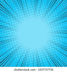 Fondo de la línea de velocidad. Ilustración de un destello o un resplandor. Concentración en el centro de la composición. Ilustración vectorial. Fondo de las líneas radiales azul y negro del cómic. Fondo de semitono.
